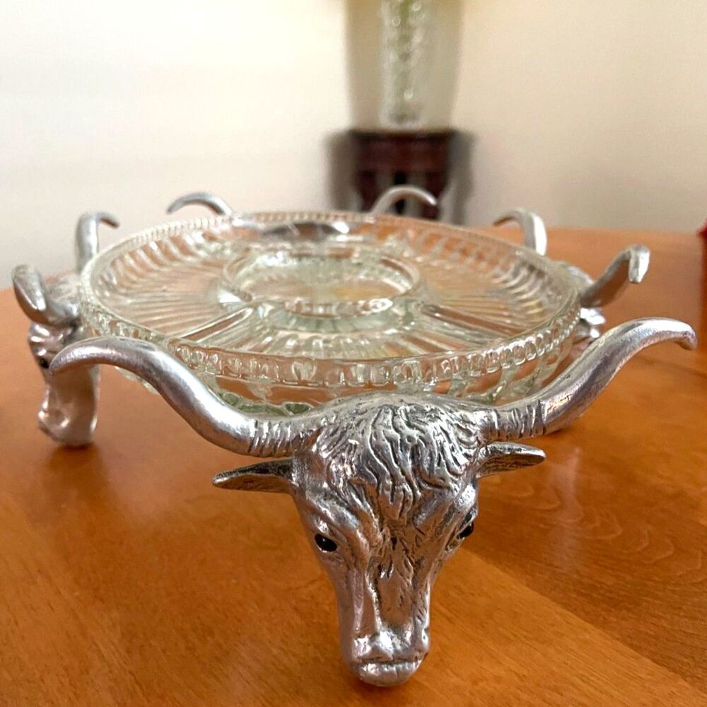Arthur Court? Texas Bull Longhorn Cow Glass Eyes Serving Dish &Insert Signed Vtg